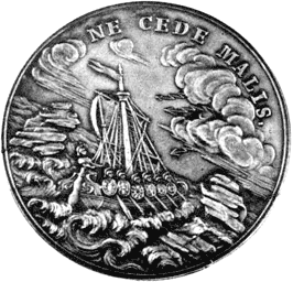 Медаль "Solerti" з алегарычнаю выяваю дзяржавы ў выглядзе карабля. Яган Філіп Хольцгаўзер. 1770 г.
